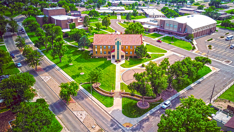 Aerial photo of Otero College Administration building surrounded by green grass and trees