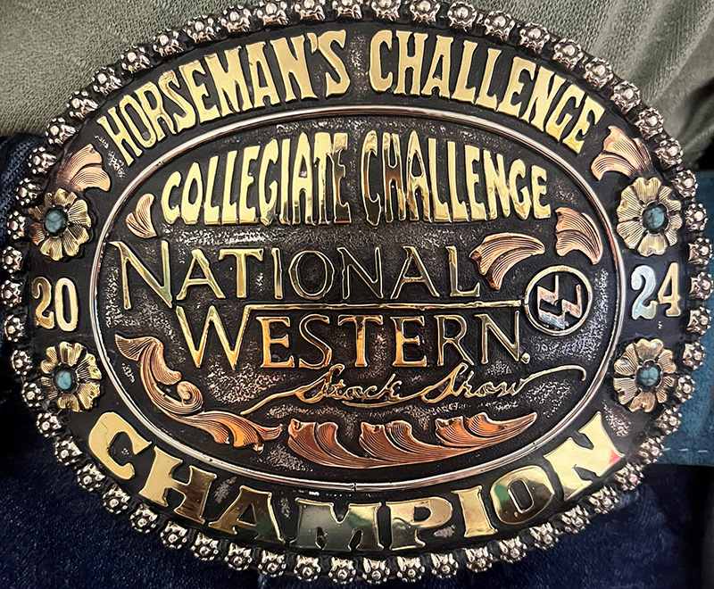 image of a belt buckle with National Western Stockshow Collegiate Challenge Horseman's Challenge Champion written on it.
