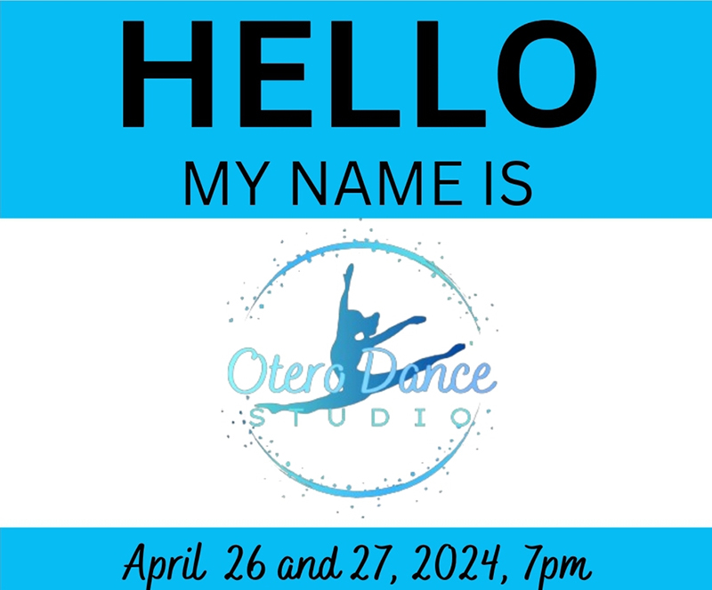 The words "Hello my name is" with a silhouette of a leaping dancer and the dates, April 26 and 27 2024 at 7 p.m.