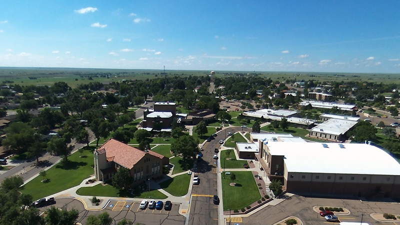 Aerial view of the Otero College campus buildings and lawn areas.