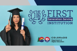 A college graduate stands next to the words "First Generation Designated Institution"