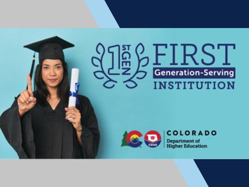 A college graduate stands next to the words "First Generation Designated Institution"