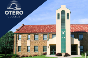 Macdonald hall building with the Otero College logo in the corner.