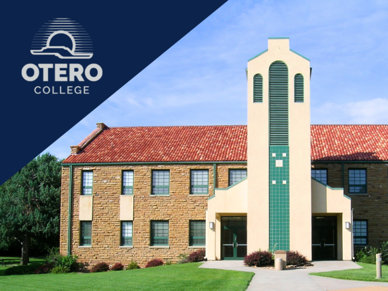 Macdonald hall building with the Otero College logo in the corner.