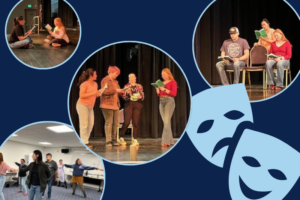 A collage of drama students rehearsing with scripts in hand. the comedy and drama masks are at the side of the image.