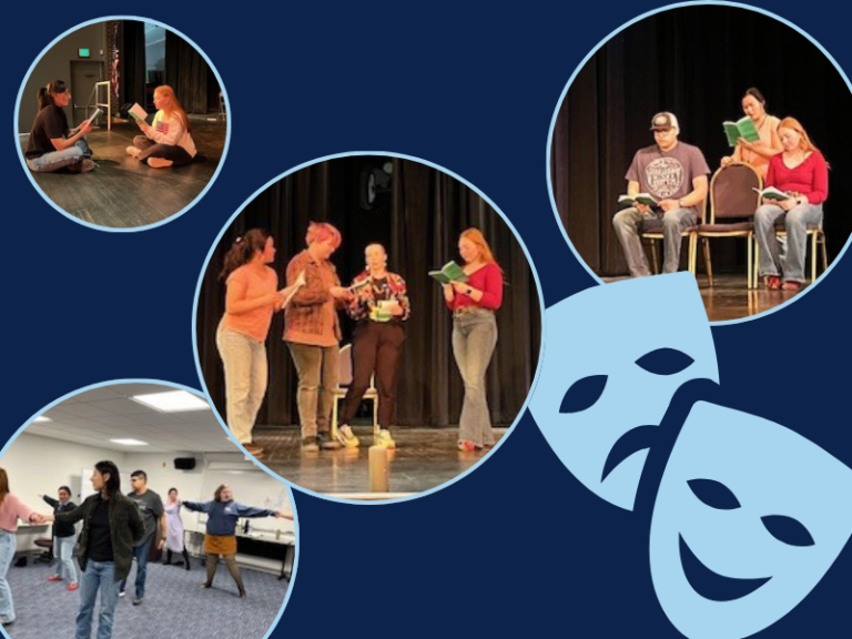 A collage of drama students rehearsing with scripts in hand. the comedy and drama masks are at the side of the image.